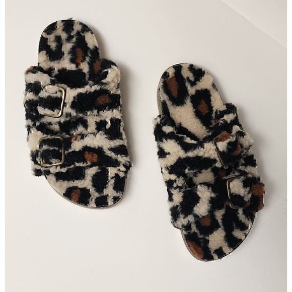 SECRET TREASURES FLEXIBLE OUTSOLE DOUBLE BUCKLE LEOPARD FUZZY SLIDE SANDALS SZ 6 - Picture 5 of 6